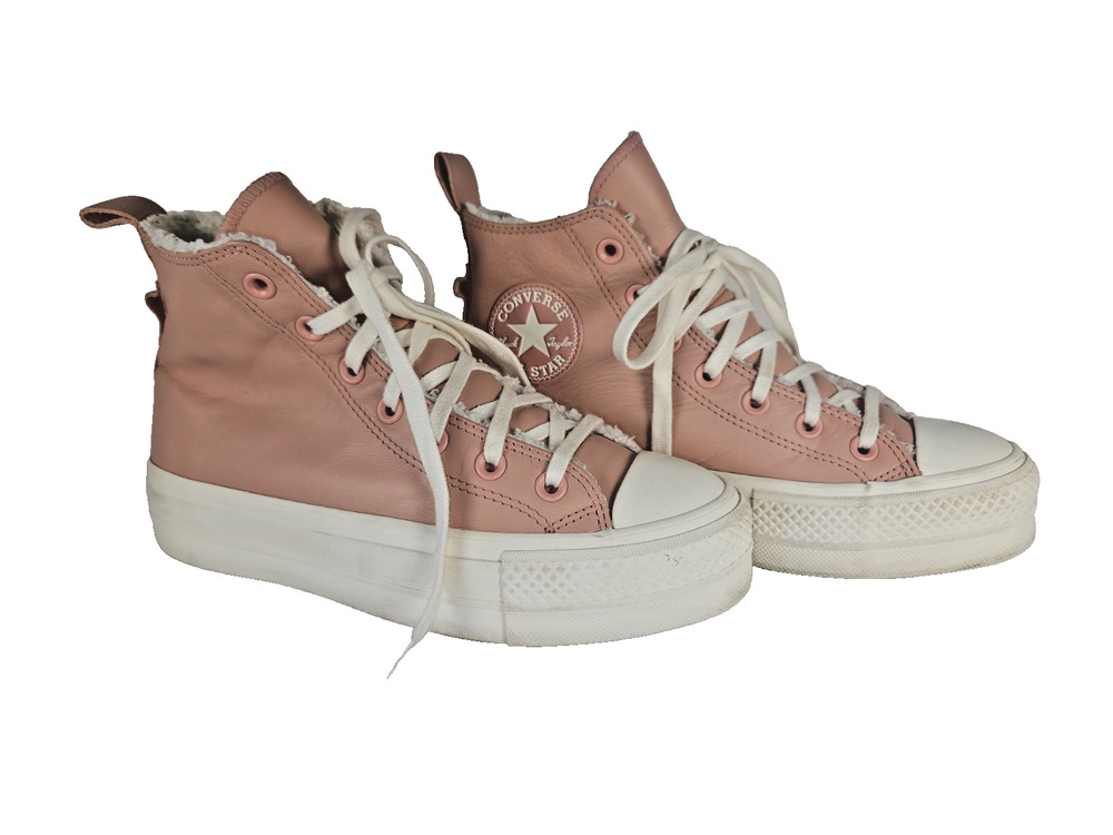Converse Chuck Taylor Lift Platform Leather Pink Sherpa Lined Woman's Shoes Sz 7
